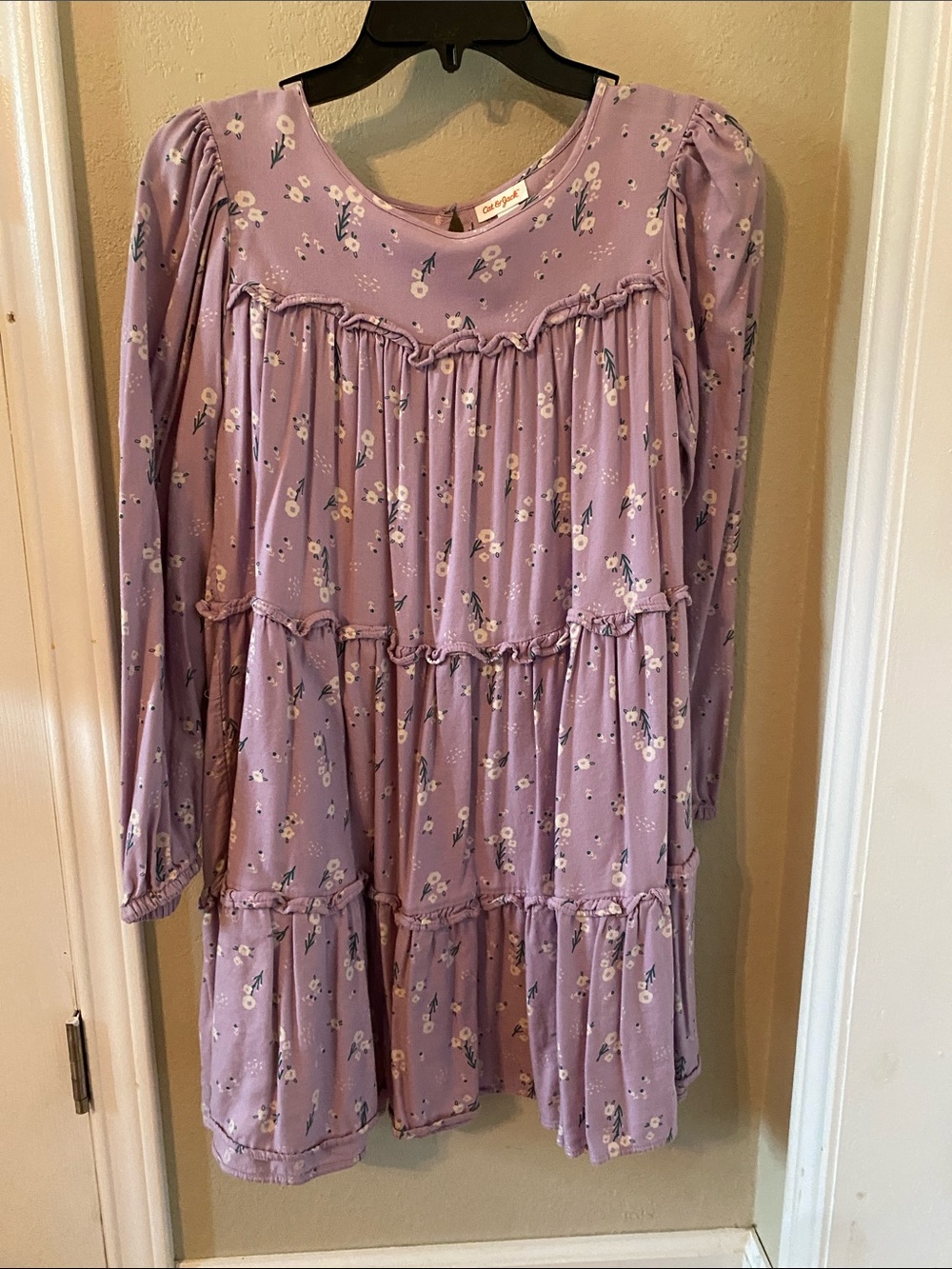 Cat & Jack Kids Floral Tiered Long-Sleeve Dress - Lavender Size XL (14/16)
